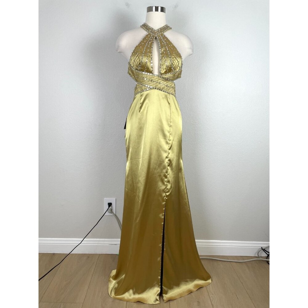 NEW Cinderella Divine‎ Womens 4 Beaded Green Gown Cross Back Train Maxi Dress